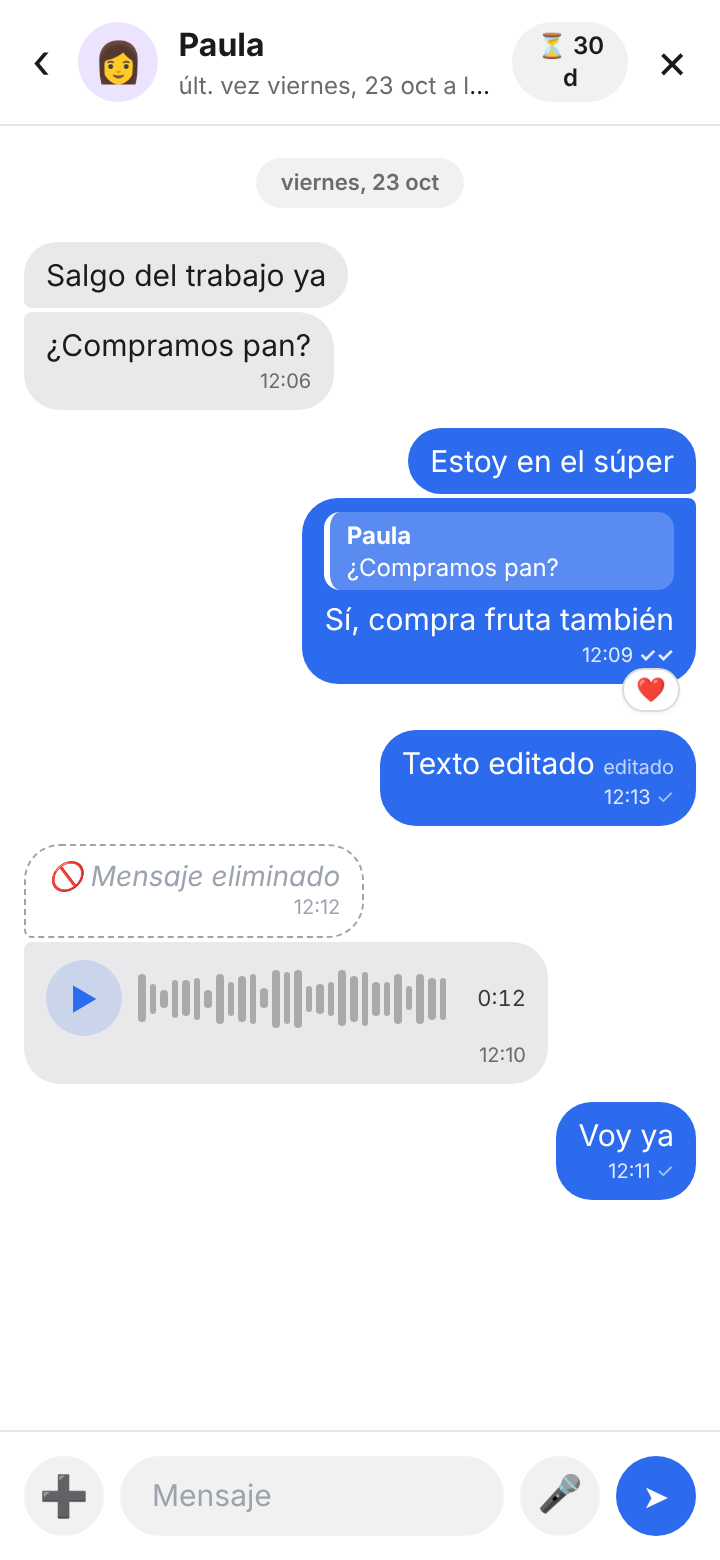 Conversación en Mensajitos: respuestas citadas, un audio, reacciones y mensajes editados